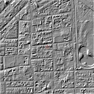 Shaded relief map of the ground around M168EX, computed from Environment Agency LiDAR. The ground here sits at about 30 m above sea level and falls 6 m across the surrounding 800 m. Surface water reaching this point runs off ground lying to the east-north-east, 1.6 m higher.