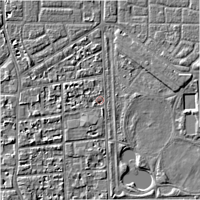 Shaded relief map of the ground around M168EZ, computed from Environment Agency LiDAR. The ground here sits at about 30 m above sea level and falls 7 m across the surrounding 800 m. Surface water reaching this point runs off ground lying to the west-north-west, 2.5 m higher.