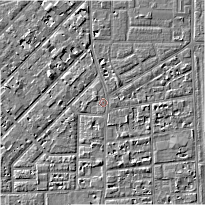 Shaded relief map of the ground around M168FA, computed from Environment Agency LiDAR. The ground here sits at about 30 m above sea level and falls 4 m across the surrounding 800 m. Surface water reaching this point runs off ground lying to the east, 1.2 m higher.