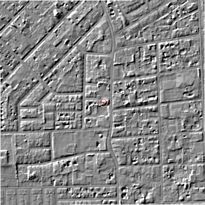 Shaded relief map of the ground around M168FB, computed from Environment Agency LiDAR. The ground here sits at about 30 m above sea level and falls 5 m across the surrounding 800 m. Surface water reaching this point runs off ground lying to the east, 2.1 m higher.