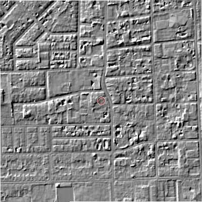Shaded relief map of the ground around M168FE, computed from Environment Agency LiDAR. The ground here sits at about 30 m above sea level and falls 5 m across the surrounding 800 m. Surface water reaching this point runs off ground lying to the west-north-west, 0.7 m higher.