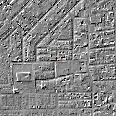 Shaded relief map of the ground around M168FH, computed from Environment Agency LiDAR. The ground here sits at about 30 m above sea level and falls 5 m across the surrounding 800 m. Surface water reaching this point runs off ground lying to the east-north-east, 1.6 m higher.