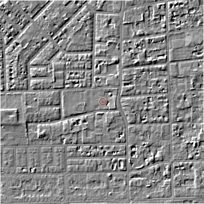 Shaded relief map of the ground around M168FQ, computed from Environment Agency LiDAR. The ground here sits at about 30 m above sea level and falls 5 m across the surrounding 800 m. Surface water reaching this point runs off ground lying to the east-south-east, 3.6 m higher.