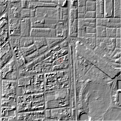 Shaded relief map of the ground around M168FR, computed from Environment Agency LiDAR. The ground here sits at about 30 m above sea level and falls 5 m across the surrounding 800 m. Surface water reaching this point runs off ground lying to the north-north-east, 1.7 m higher.