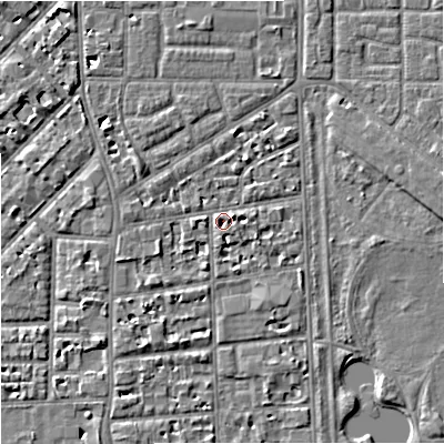 Shaded relief map of the ground around M168FS, computed from Environment Agency LiDAR. The ground here sits at about 30 m above sea level and falls 6 m across the surrounding 800 m. Surface water reaching this point runs off ground lying to the east-north-east, 2.4 m higher.