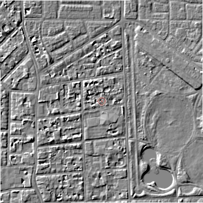 Shaded relief map of the ground around M168FT, computed from Environment Agency LiDAR. The ground here sits at about 30 m above sea level and falls 6 m across the surrounding 800 m. Surface water reaching this point runs off ground lying to the north-north-west, 2.5 m higher.