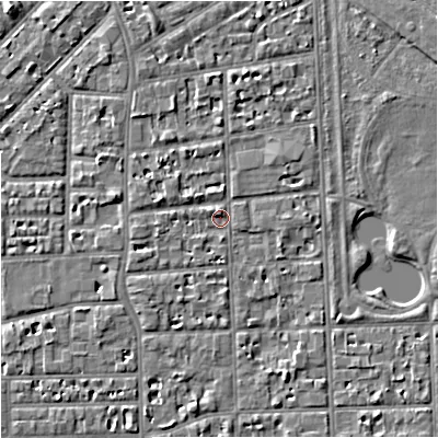Shaded relief map of the ground around M168FX, computed from Environment Agency LiDAR. The ground here sits at about 30 m above sea level and falls 6 m across the surrounding 800 m. Surface water reaching this point runs off ground lying to the north, 2.7 m higher.