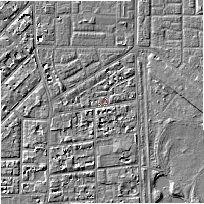 Shaded relief map of the ground around M168FY, computed from Environment Agency LiDAR. The ground here sits at about 30 m above sea level and falls 5 m across the surrounding 800 m. Surface water reaching this point runs off ground lying to the north-north-east, 2.7 m higher.