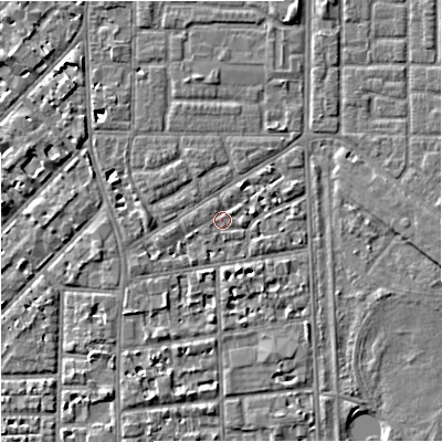 Shaded relief map of the ground around M168FZ, computed from Environment Agency LiDAR. The ground here sits at about 30 m above sea level and falls 5 m across the surrounding 800 m. Surface water reaching this point runs off ground lying to the north-north-east, 3.2 m higher.
