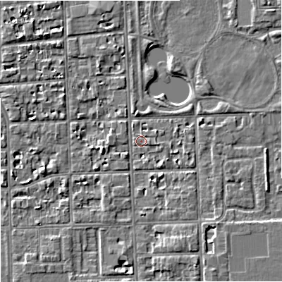 Shaded relief map of the ground around M168GE, computed from Environment Agency LiDAR. The ground here sits at about 30 m above sea level and falls 4 m across the surrounding 800 m. Surface water reaching this point runs off ground lying to the south-south-east, 3.3 m higher.