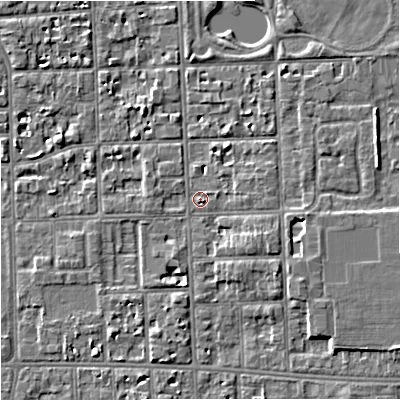 Shaded relief map of the ground around M168GF, computed from Environment Agency LiDAR. The ground here sits at about 31 m above sea level and falls 5 m across the surrounding 800 m. Surface water reaching this point runs off ground lying to the east, 1.3 m higher.