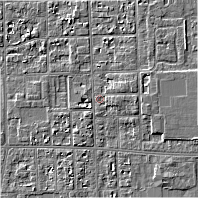 Shaded relief map of the ground around M168GH, computed from Environment Agency LiDAR. The ground here sits at about 30 m above sea level and falls 5 m across the surrounding 800 m. Surface water reaching this point runs off ground lying to the east-south-east, 3.6 m higher.
