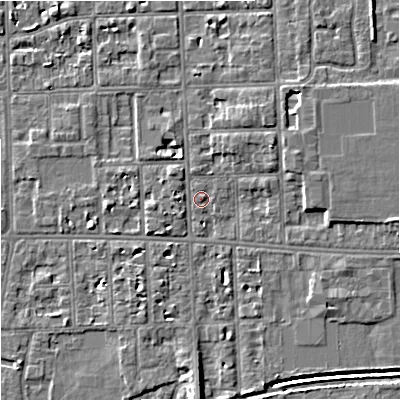 Shaded relief map of the ground around M168GJ, computed from Environment Agency LiDAR. The ground here sits at about 31 m above sea level and falls 8 m across the surrounding 800 m. Surface water reaching this point runs off ground lying to the east, 3.6 m higher.