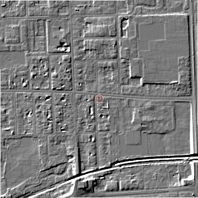Shaded relief map of the ground around M168GL, computed from Environment Agency LiDAR. The ground here sits at about 31 m above sea level and falls 10 m across the surrounding 800 m. Surface water reaching this point runs off ground lying to the east-south-east, 7.1 m higher.