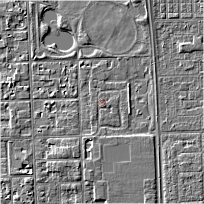 Shaded relief map of the ground around M168GR, computed from Environment Agency LiDAR. The ground here sits at about 31 m above sea level and falls 4 m across the surrounding 800 m. Surface water reaching this point runs off ground lying to the south-south-west, 1.3 m higher.