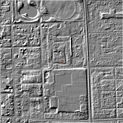 Shaded relief map of the ground around M168GS, computed from Environment Agency LiDAR. The ground here sits at about 31 m above sea level and falls 5 m across the surrounding 800 m. Surface water reaching this point runs off ground lying to the south-west, 1.8 m higher.
