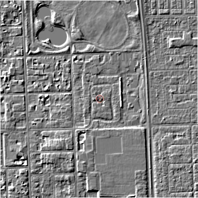 Shaded relief map of the ground around M168GT, computed from Environment Agency LiDAR. The ground here sits at about 31 m above sea level and falls 5 m across the surrounding 800 m. Surface water reaching this point runs off ground lying to the south-south-west, 1.3 m higher.
