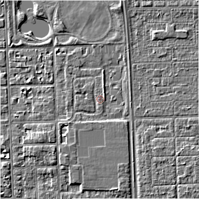 Shaded relief map of the ground around M168GU, computed from Environment Agency LiDAR. The ground here sits at about 31 m above sea level and falls 5 m across the surrounding 800 m. Surface water reaching this point runs off ground lying to the south-east, 2.5 m higher.