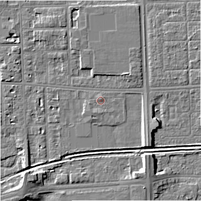 Shaded relief map of the ground around M168GW, computed from Environment Agency LiDAR. The ground here sits at about 32 m above sea level and falls 10 m across the surrounding 800 m. Surface water reaching this point runs off ground lying to the south-south-west, 1.0 m higher.
