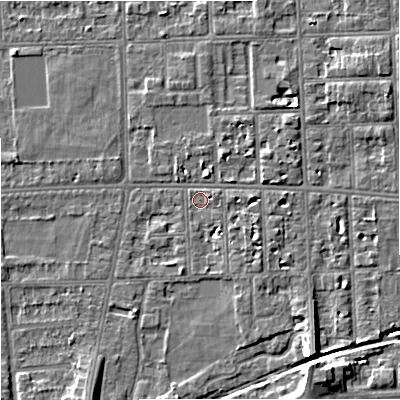 Shaded relief map of the ground around M168GX, computed from Environment Agency LiDAR. The ground here sits at about 30 m above sea level and falls 8 m across the surrounding 800 m. Surface water reaching this point runs off ground lying to the south-east, 5.4 m higher.