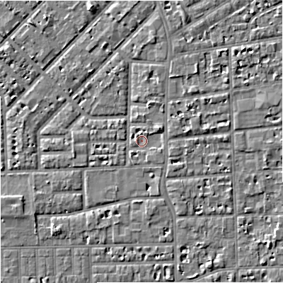 Shaded relief map of the ground around M168GY, computed from Environment Agency LiDAR. The ground here sits at about 29 m above sea level and falls 5 m across the surrounding 800 m. Surface water reaching this point runs off ground lying to the north-east, 2.8 m higher.