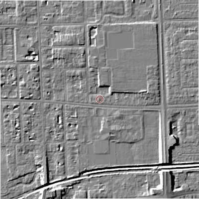Shaded relief map of the ground around M168HA, computed from Environment Agency LiDAR. The ground here sits at about 31 m above sea level and falls 10 m across the surrounding 800 m. Surface water reaching this point runs off ground lying to the east, 2.4 m higher.