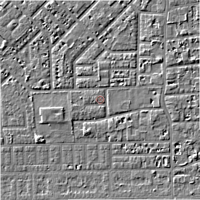 Shaded relief map of the ground around M168HE, computed from Environment Agency LiDAR. The ground here sits at about 30 m above sea level and falls 5 m across the surrounding 800 m. Surface water reaching this point runs off ground lying to the south-south-west, 4.0 m higher.