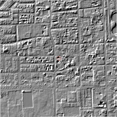 Shaded relief map of the ground around M168HF, computed from Environment Agency LiDAR. The ground here sits at about 29 m above sea level and falls 5 m across the surrounding 800 m. Surface water reaching this point runs off ground lying to the north, 2.0 m higher.