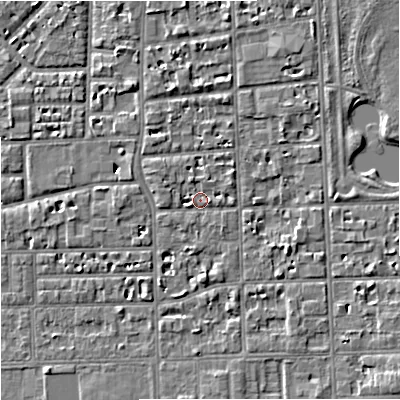 Shaded relief map of the ground around M168HG, computed from Environment Agency LiDAR. The ground here sits at about 30 m above sea level and falls 5 m across the surrounding 800 m. Surface water reaching this point runs off ground lying to the east-north-east, 1.4 m higher.