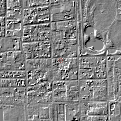 Shaded relief map of the ground around M168HJ, computed from Environment Agency LiDAR. The ground here sits at about 29 m above sea level and falls 6 m across the surrounding 800 m. Surface water reaching this point runs off ground lying to the south-east, 3.5 m higher.