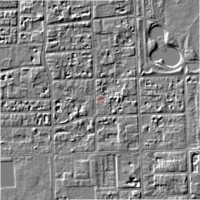 Shaded relief map of the ground around M168HL, computed from Environment Agency LiDAR. The ground here sits at about 30 m above sea level and falls 6 m across the surrounding 800 m. Surface water reaching this point runs off ground lying to the north, 1.1 m higher.