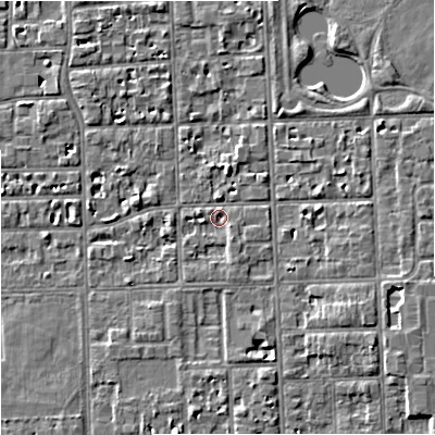 Shaded relief map of the ground around M168HN, computed from Environment Agency LiDAR. The ground here sits at about 30 m above sea level and falls 6 m across the surrounding 800 m. Surface water reaching this point runs off ground lying to the south-east, 1.0 m higher.