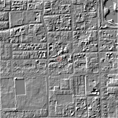 Shaded relief map of the ground around M168HP, computed from Environment Agency LiDAR. The ground here sits at about 30 m above sea level and falls 5 m across the surrounding 800 m. Surface water reaching this point runs off ground lying to the east-north-east, 2.5 m higher.