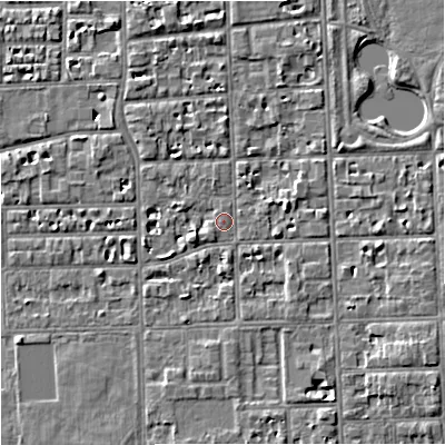 Shaded relief map of the ground around M168HQ, computed from Environment Agency LiDAR. The ground here sits at about 30 m above sea level and falls 6 m across the surrounding 800 m. Surface water reaching this point runs off ground lying to the south-west, 1.2 m higher.