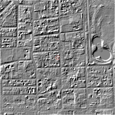 Shaded relief map of the ground around M168HR, computed from Environment Agency LiDAR. The ground here sits at about 30 m above sea level and falls 5 m across the surrounding 800 m. Surface water reaching this point runs off ground lying to the east, 1.0 m higher.