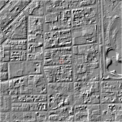 Shaded relief map of the ground around M168HS, computed from Environment Agency LiDAR. The ground here sits at about 30 m above sea level and falls 5 m across the surrounding 800 m. Surface water reaching this point runs off ground lying to the south, 1.4 m higher.