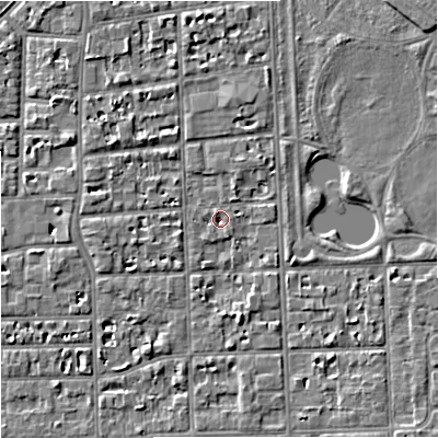 Shaded relief map of the ground around M168HT, computed from Environment Agency LiDAR. The ground here sits at about 30 m above sea level and falls 6 m across the surrounding 800 m. Surface water reaching this point runs off ground lying to the north-west, 2.4 m higher.