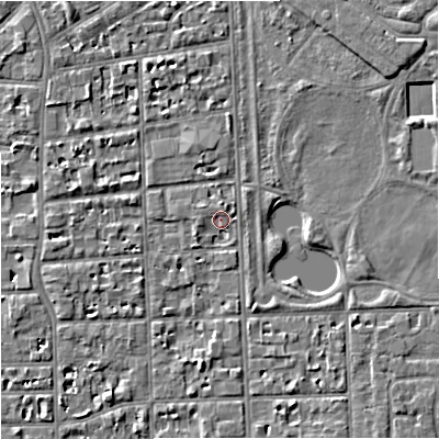 Shaded relief map of the ground around M168HU, computed from Environment Agency LiDAR. The ground here sits at about 30 m above sea level and falls 7 m across the surrounding 800 m. Surface water reaching this point runs off ground lying to the north-east, 4.4 m higher.