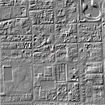 Shaded relief map of the ground around M168HW, computed from Environment Agency LiDAR. The ground here sits at about 29 m above sea level and falls 6 m across the surrounding 800 m. Surface water reaching this point runs off ground lying to the east-south-east, 1.7 m higher.