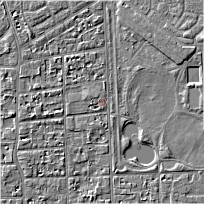 Shaded relief map of the ground around M168HX, computed from Environment Agency LiDAR. The ground here sits at about 30 m above sea level and falls 7 m across the surrounding 800 m. Surface water reaching this point runs off ground lying to the north-north-west, 2.5 m higher.