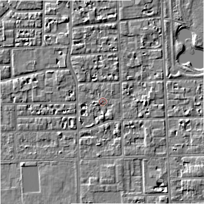 Shaded relief map of the ground around M168HY, computed from Environment Agency LiDAR. The ground here sits at about 30 m above sea level and falls 5 m across the surrounding 800 m. Surface water reaching this point runs off ground lying to the east-south-east, 2.8 m higher.