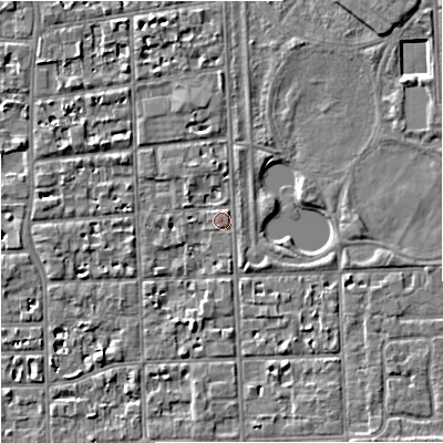 Shaded relief map of the ground around M168HZ, computed from Environment Agency LiDAR. The ground here sits at about 30 m above sea level and falls 7 m across the surrounding 800 m. Surface water reaching this point runs off ground lying to the north-east, 0.7 m higher.