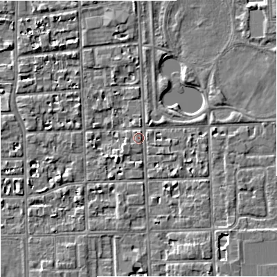 Shaded relief map of the ground around M168JA, computed from Environment Agency LiDAR. The ground here sits at about 30 m above sea level and falls 4 m across the surrounding 800 m. Surface water reaching this point runs off ground lying to the south-south-east, 3.3 m higher.