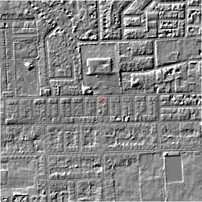 Shaded relief map of the ground around M168JD, computed from Environment Agency LiDAR. The ground here sits at about 29 m above sea level and falls 5 m across the surrounding 800 m. Surface water reaching this point runs off ground lying to the east-north-east, 2.1 m higher.