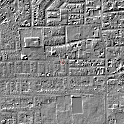 Shaded relief map of the ground around M168JF, computed from Environment Agency LiDAR. The ground here sits at about 29 m above sea level and falls 5 m across the surrounding 800 m. Surface water reaching this point runs off ground lying to the east-north-east, 1.9 m higher.
