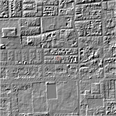 Shaded relief map of the ground around M168JP, computed from Environment Agency LiDAR. The ground here sits at about 29 m above sea level and falls 5 m across the surrounding 800 m. Surface water reaching this point runs off ground lying to the north-north-east, 2.2 m higher.