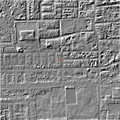 Shaded relief map of the ground around M168JQ, computed from Environment Agency LiDAR. The ground here sits at about 29 m above sea level and falls 5 m across the surrounding 800 m. Surface water reaching this point runs off ground lying to the north-east, 2.2 m higher.