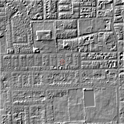Shaded relief map of the ground around M168JR, computed from Environment Agency LiDAR. The ground here sits at about 29 m above sea level and falls 5 m across the surrounding 800 m. Surface water reaching this point runs off ground lying to the north-east, 0.5 m higher.