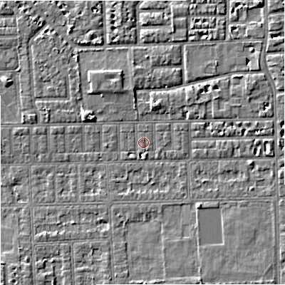 Shaded relief map of the ground around M168JS, computed from Environment Agency LiDAR. The ground here sits at about 29 m above sea level and falls 5 m across the surrounding 800 m. Surface water reaching this point runs off ground lying to the north, 0.5 m higher.
