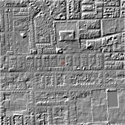 Shaded relief map of the ground around M168JU, computed from Environment Agency LiDAR. The ground here sits at about 29 m above sea level and falls 4 m across the surrounding 800 m. Surface water reaching this point runs off ground lying to the east-south-east, 0.8 m higher.